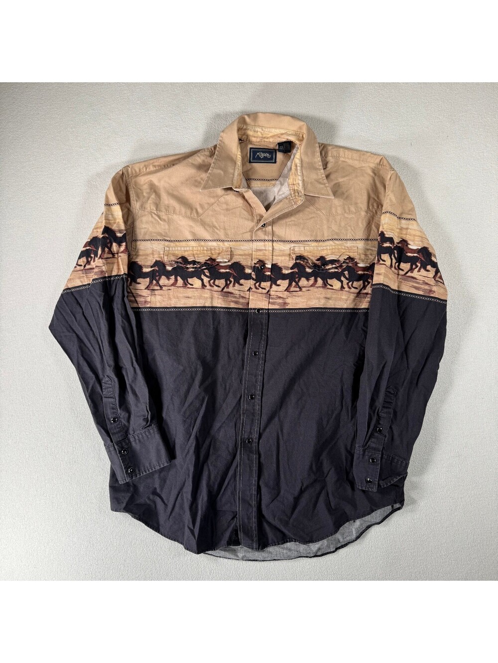 Vintage Ropers Western Aztec Pearl Snap Shirt with Running Horses Size Large